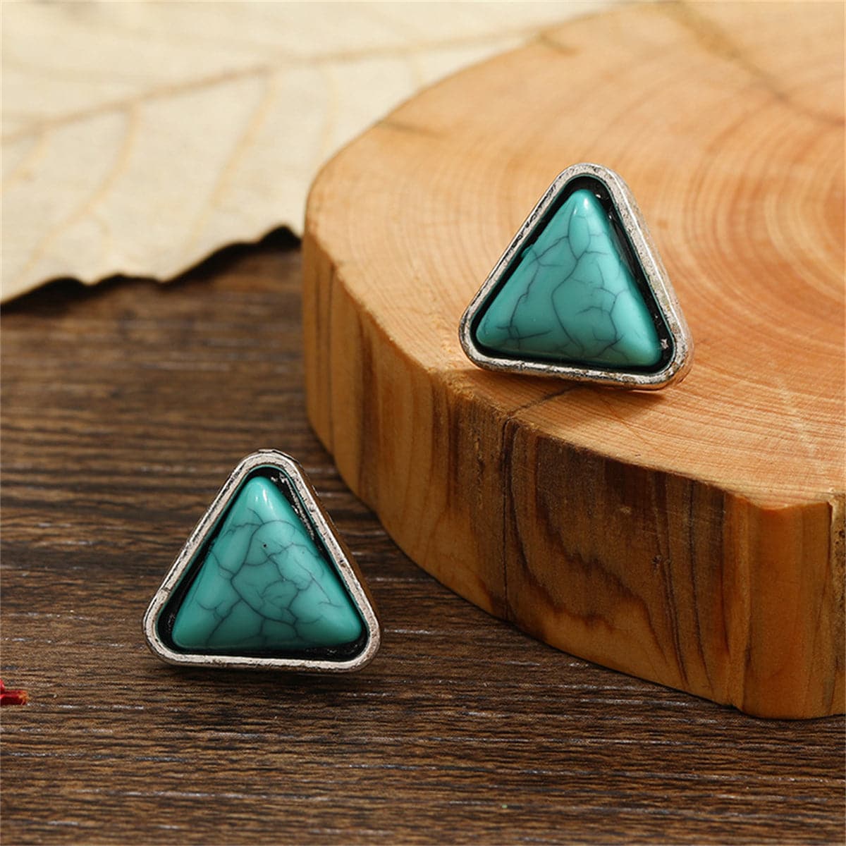 Turquoise & Silver-Plated Triangle Stud Earrings