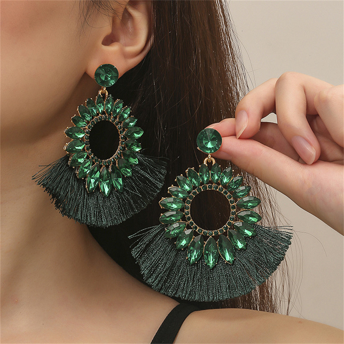 Green Polyster & Cubic Zirconia Crystal Round Tassel Drop Earrings