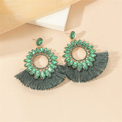 Green Polyster & Cubic Zirconia Crystal Round Tassel Drop Earrings