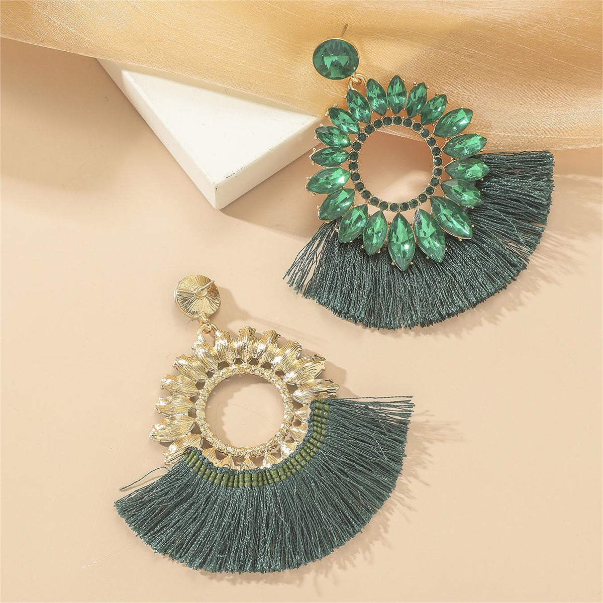 Green Polyster & Cubic Zirconia Crystal Round Tassel Drop Earrings