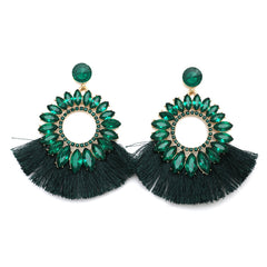 Green Polyster & Cubic Zirconia Crystal Round Tassel Drop Earrings