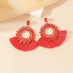 Red Polyster & Cubic Zirconia Crystal Round Tassel Drop Earrings