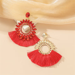 Red Polyster & Cubic Zirconia Crystal Round Tassel Drop Earrings