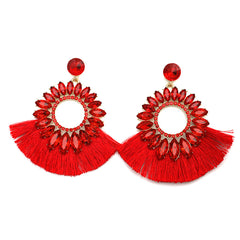 Red Polyster & Cubic Zirconia Crystal Round Tassel Drop Earrings