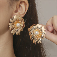 Pearl & 18K Gold-Plated Textured Flower Stud Earrings