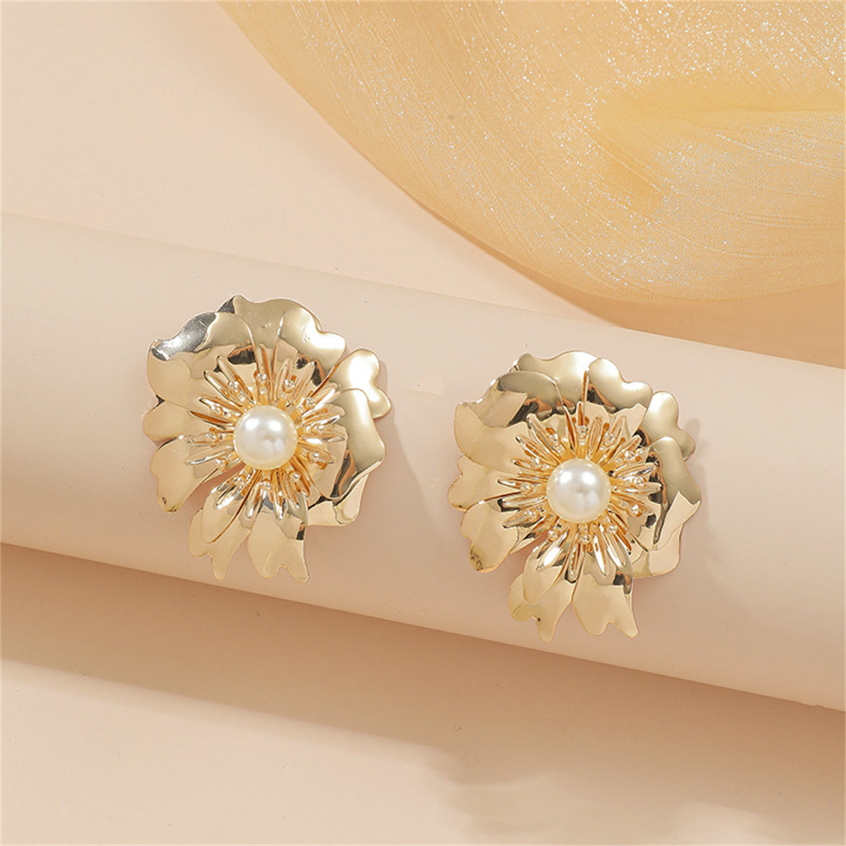 Pearl & 18K Gold-Plated Textured Flower Stud Earrings