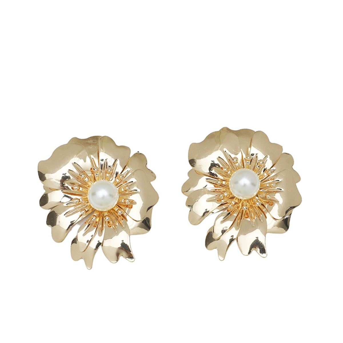 Pearl & 18K Gold-Plated Textured Flower Stud Earrings