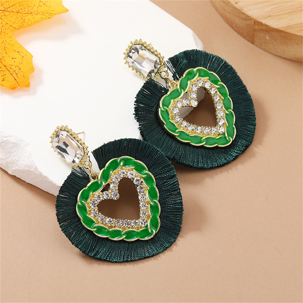 Green Polyster & Enamel Crystal Cubic Zirconia 18K Gold-Plated Heart Dangle Earring