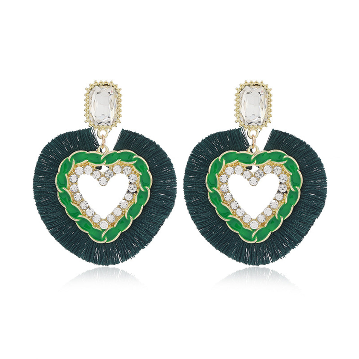 Green Polyster & Enamel Crystal Cubic Zirconia 18K Gold-Plated Heart Dangle Earring