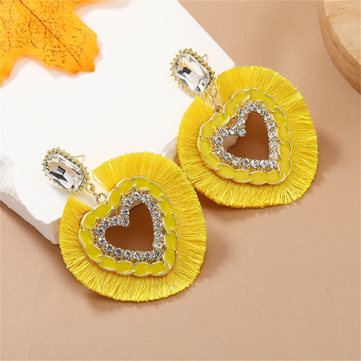 Yellow Polyster & Enamel Crystal Cubic Zirconia 18K Gold-Plated Heart Dangle Earring