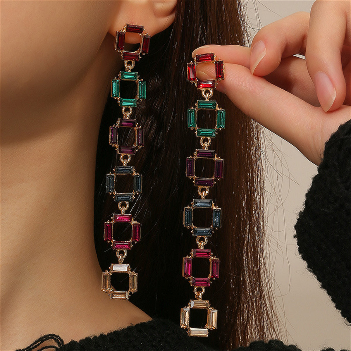 Crystal & 18K Gold-Plated Multicolor Link Drop Earrings