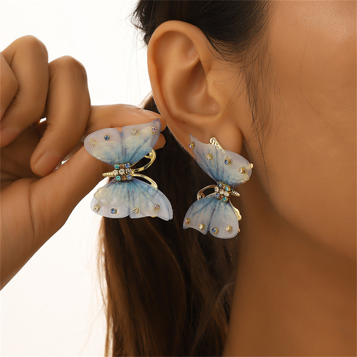 Blue Polyster & Cubic Zirconia 18K Gold-Plated Butterfly Stud Earrings