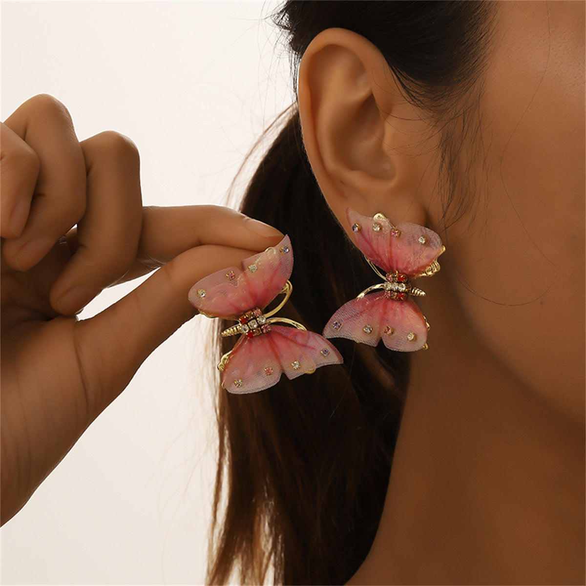 Pink Polyster & Cubic Zirconia Butterfly Stud Earrings