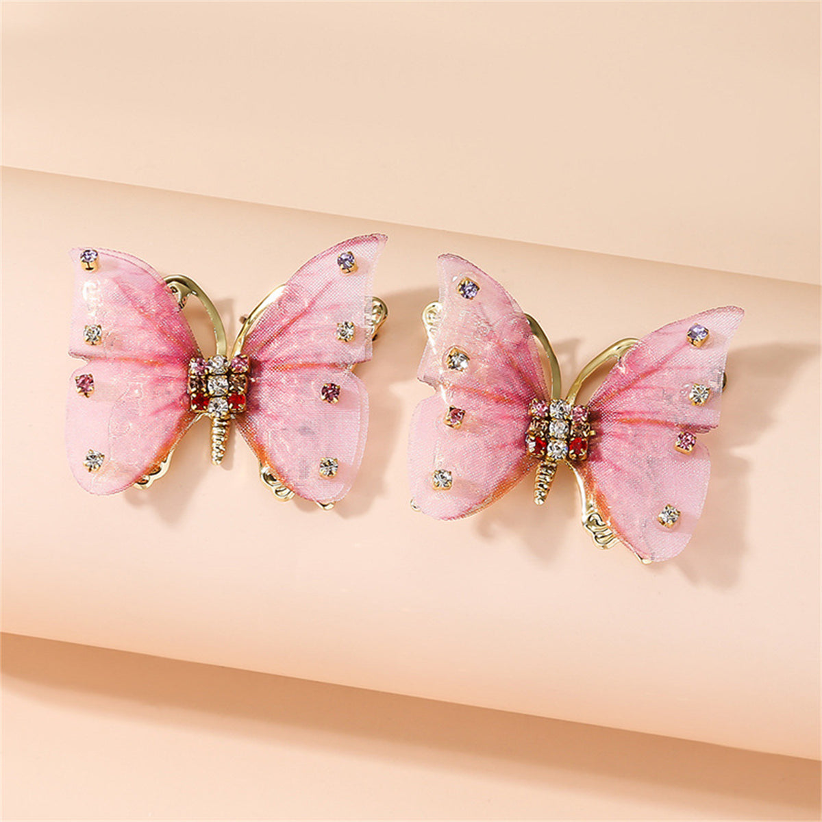 Pink Polyster & Cubic Zirconia Butterfly Stud Earrings