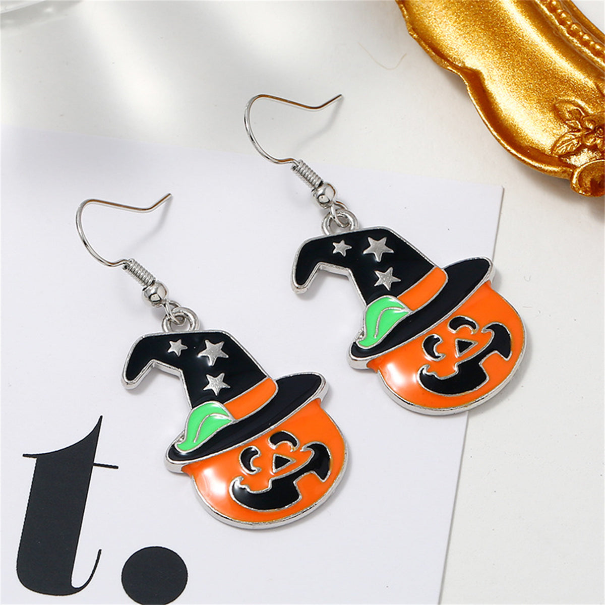 Orange Enamel & Silver-Plated Jack-O'-Lantern Hat Drop Earrings