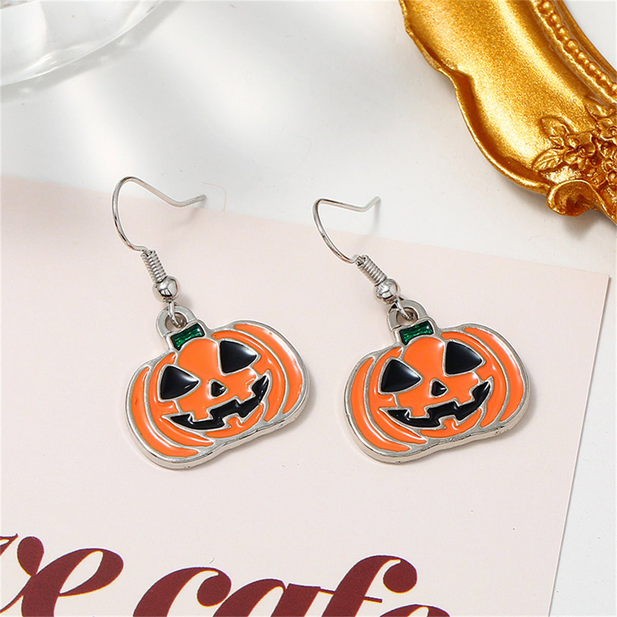 Orange Enamel & Silver-Plated Smiling Jack-O'-Lantern Drop Earrings