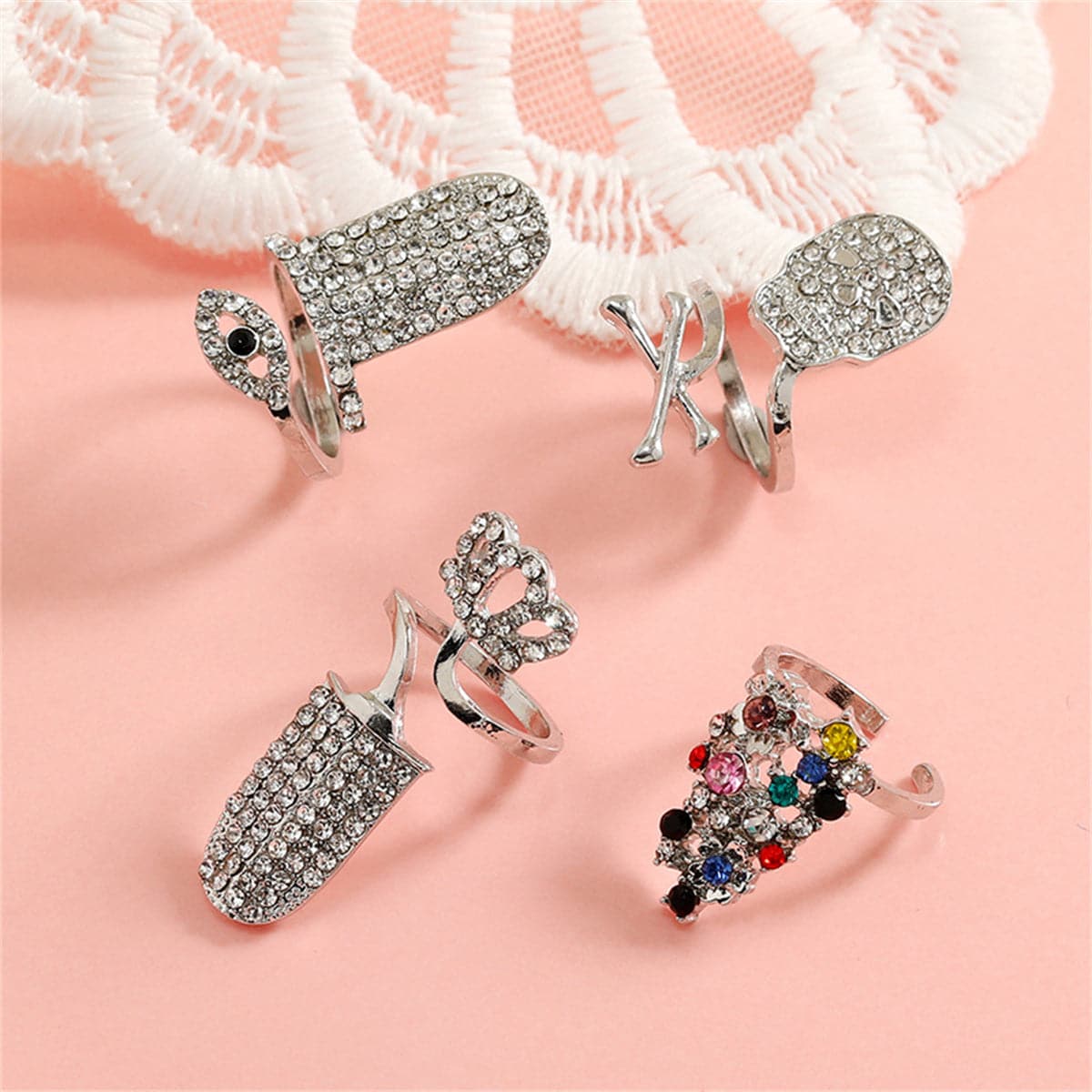 Cubic Zirconia & Silver-Plated Skull Crown Midi Ring Set