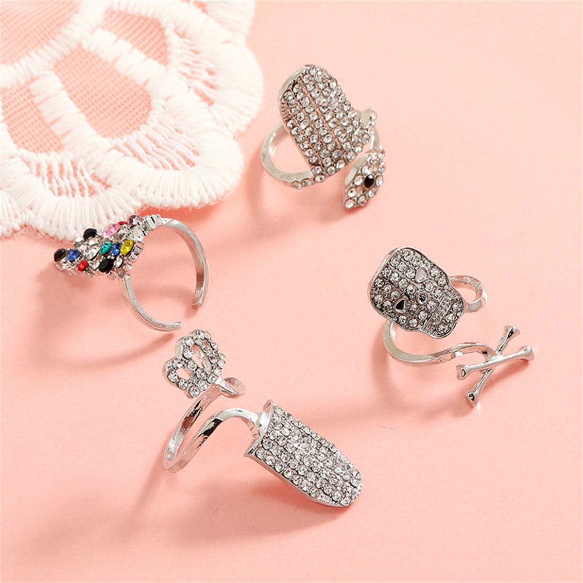 Cubic Zirconia & Silver-Plated Skull Crown Midi Ring Set