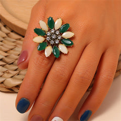 Green Crystal & Cubic Zirconia Flower Adjustable Ring