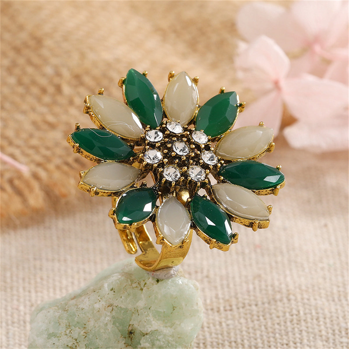 Green Crystal & Cubic Zirconia Flower Adjustable Ring