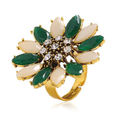 Green Crystal & Cubic Zirconia Flower Adjustable Ring