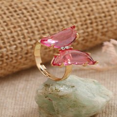 Pink Crystal & Cubic Zirconia 18K Gold-Plated Butterfly Ring