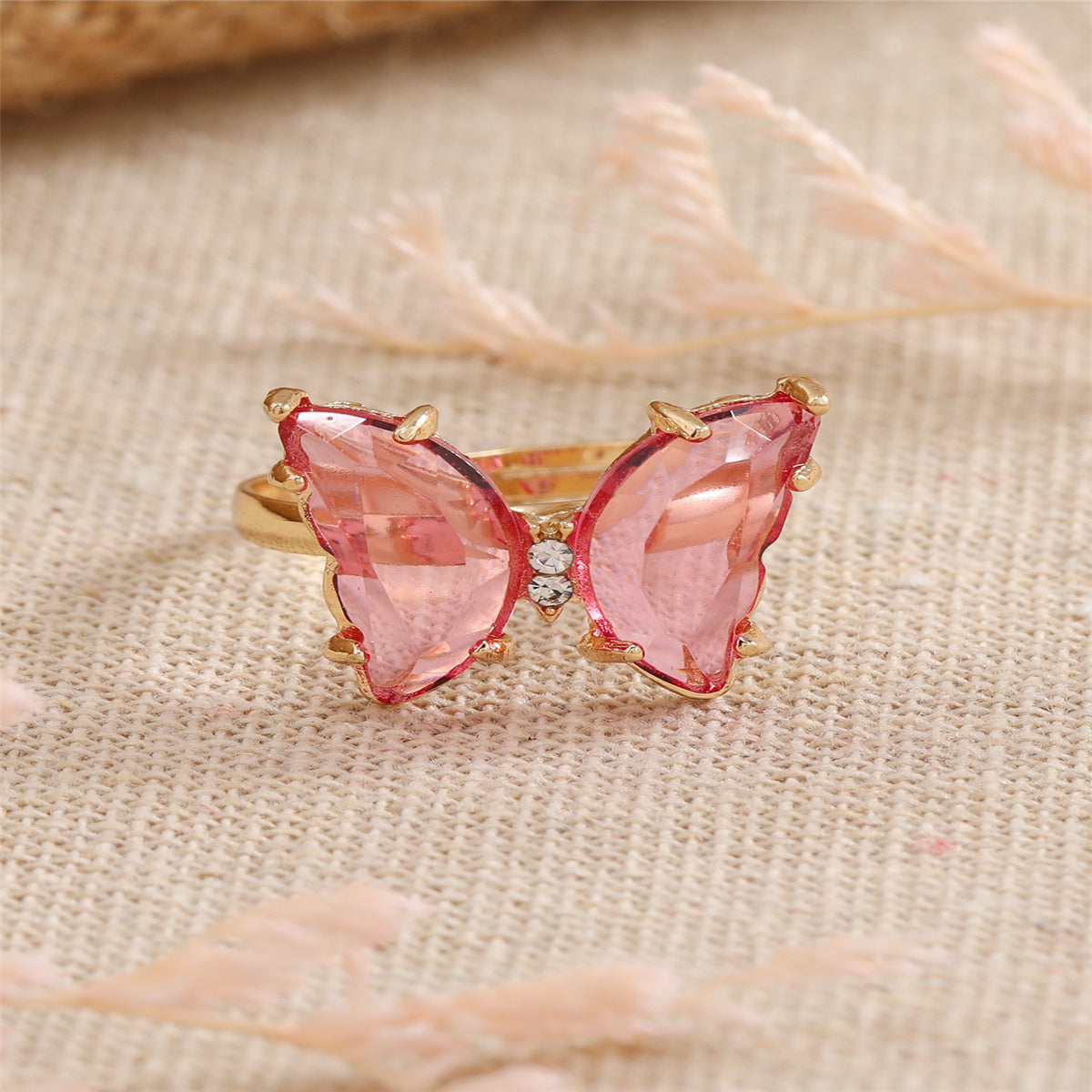 Pink Crystal & Cubic Zirconia 18K Gold-Plated Butterfly Ring