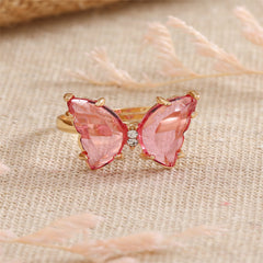 Pink Crystal & Cubic Zirconia 18K Gold-Plated Butterfly Ring