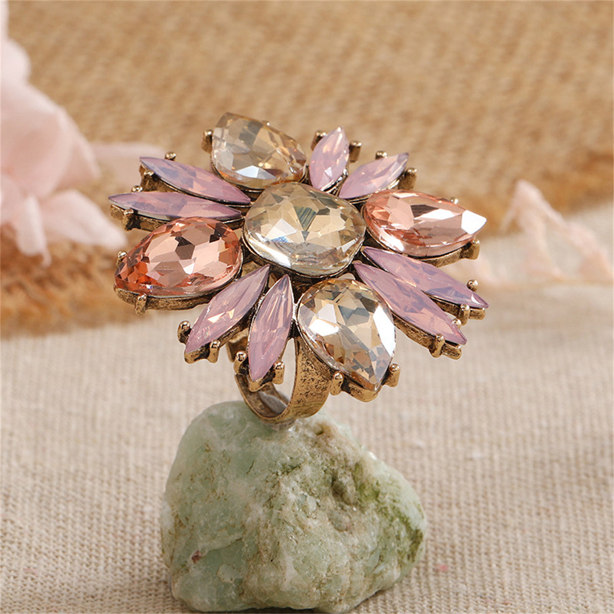 Pink Crystal & 18K Gold-Plated Botanical Ring