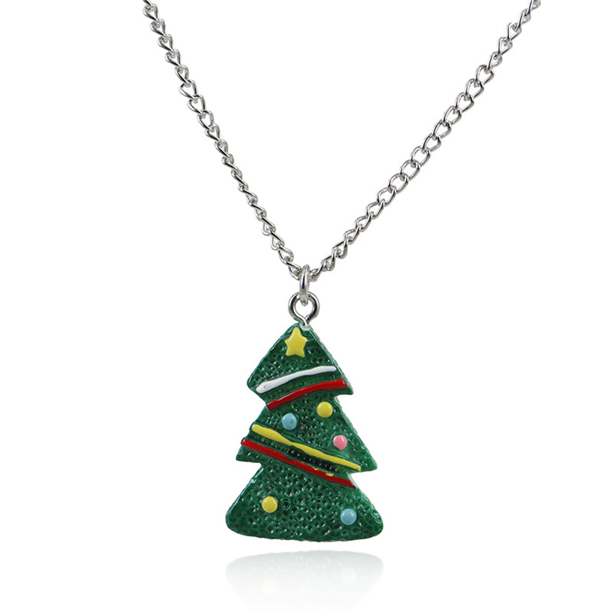 Silver-Plated & Multicolor Acrylic Christmas Tree Pendant Necklace