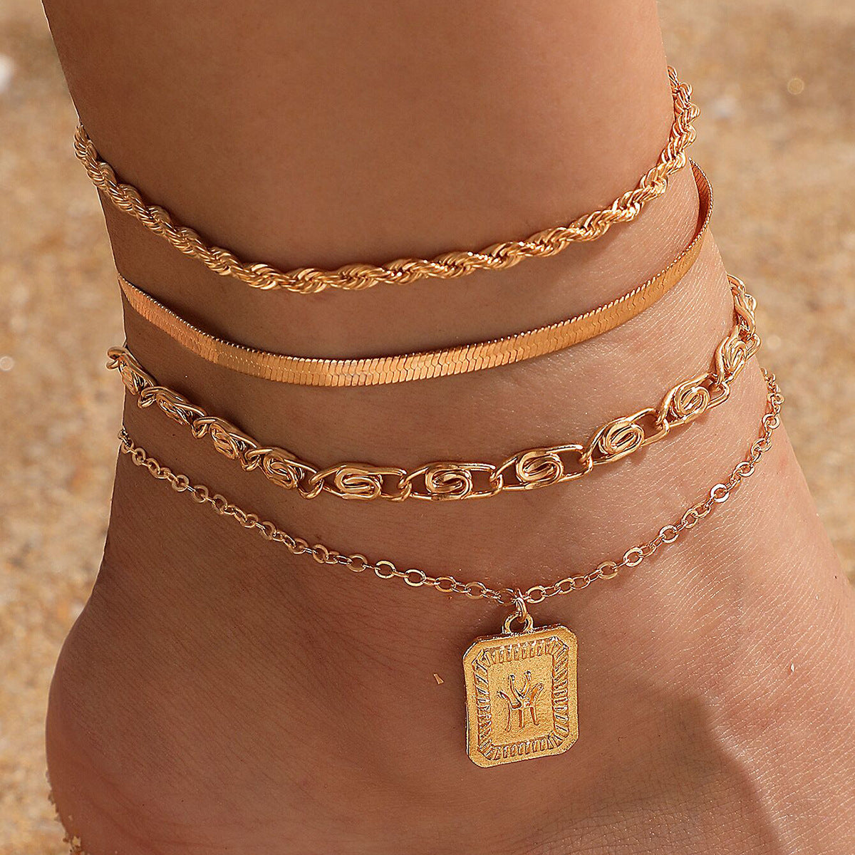 18K Gold-Plated Snake & Rope Chain Card-Charm Anklet Set