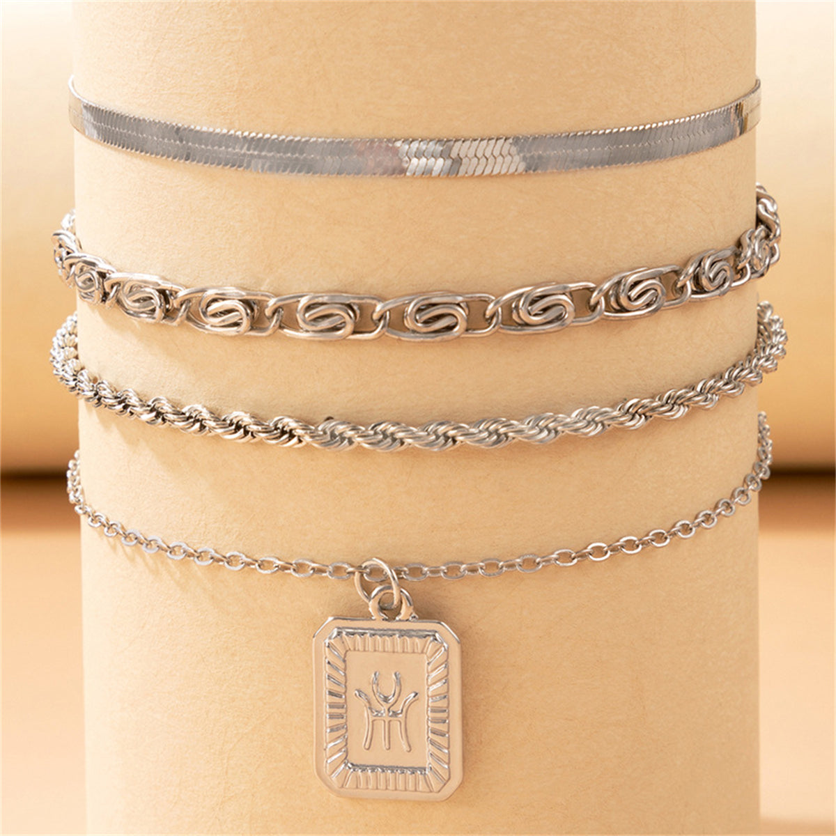 Silver-Plated Snake & Rope Chain Charm Anklet Set