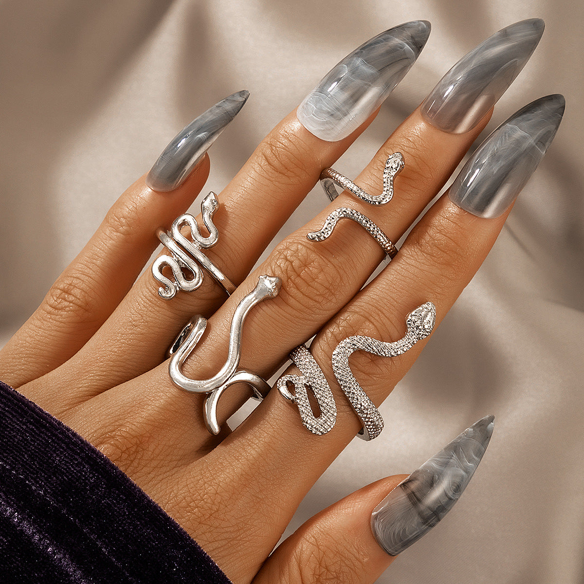 Silver-Plated Textured Snake Ring Set