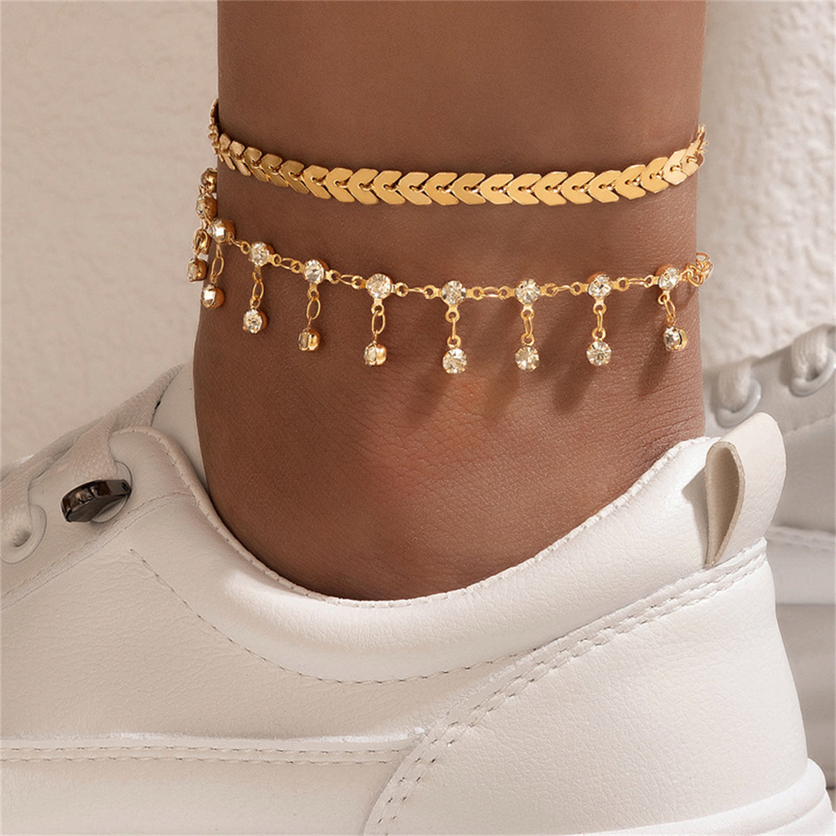 Cubic Zirconia & 18K Gold-Plated Wheat Anklet Set