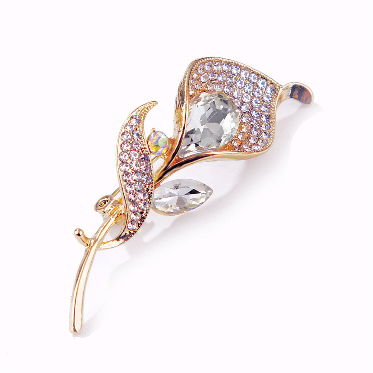 White Cubic Zirconia & Crystal 18K Gold-Plated Lily Brooch