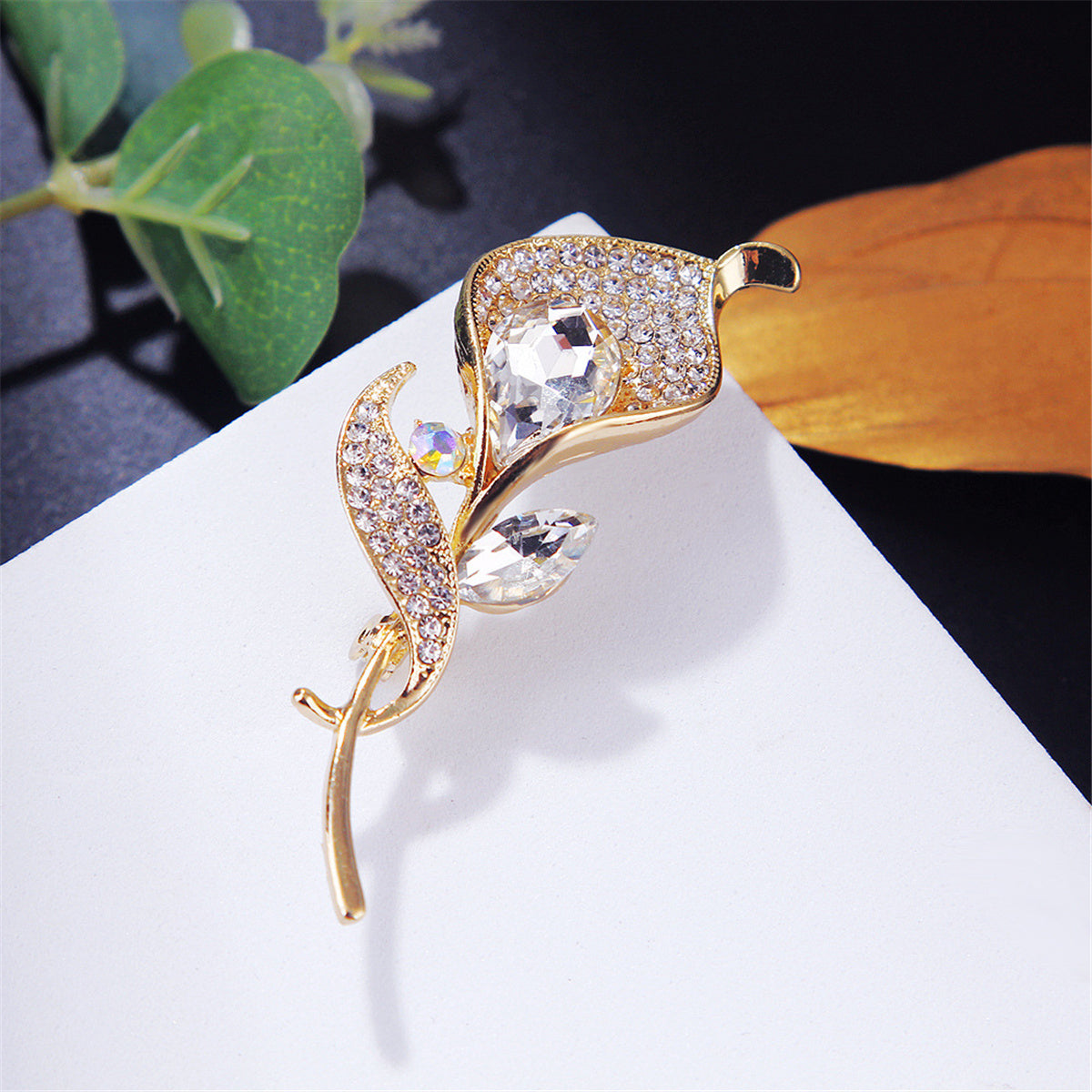 White Cubic Zirconia & Crystal 18K Gold-Plated Lily Brooch