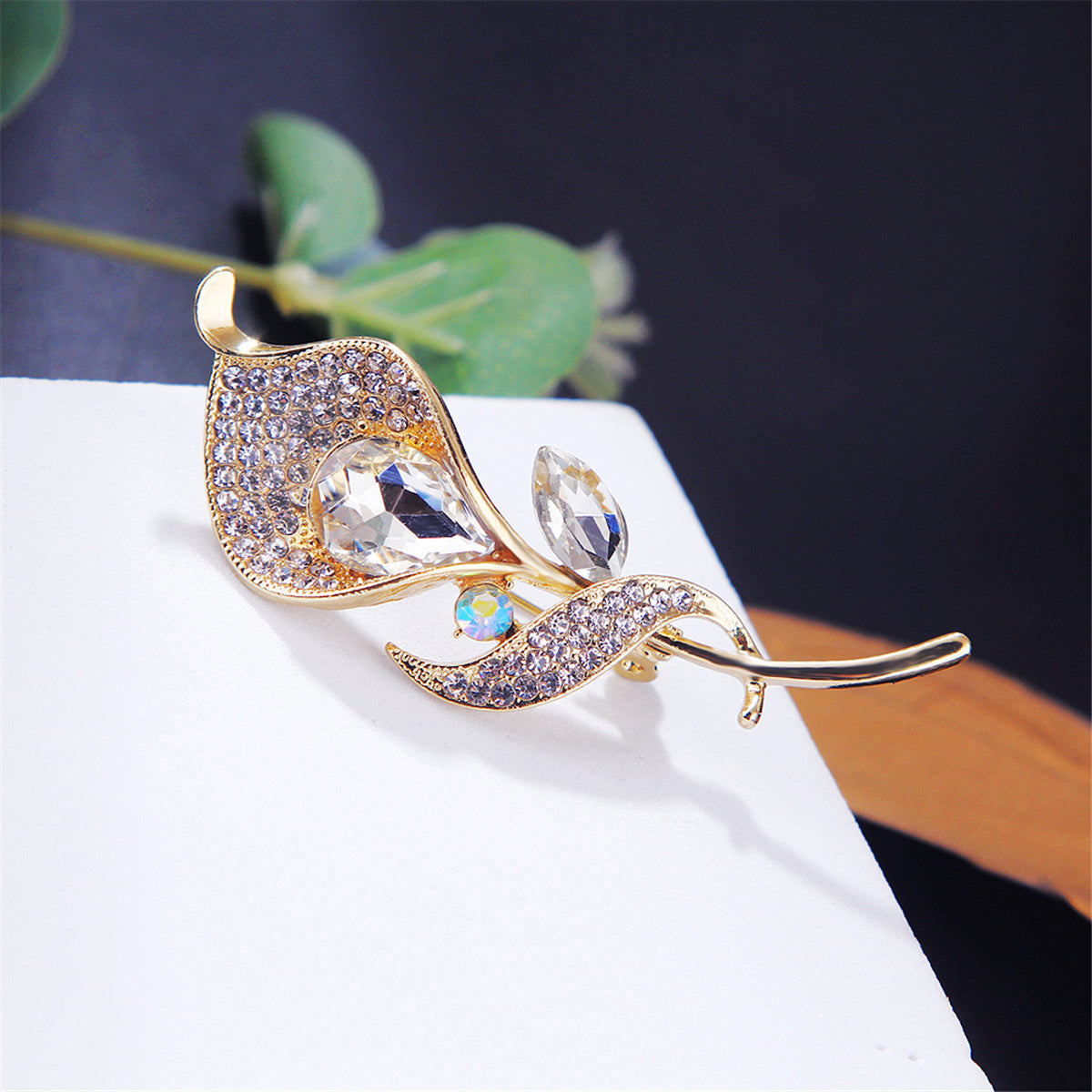 White Cubic Zirconia & Crystal 18K Gold-Plated Lily Brooch