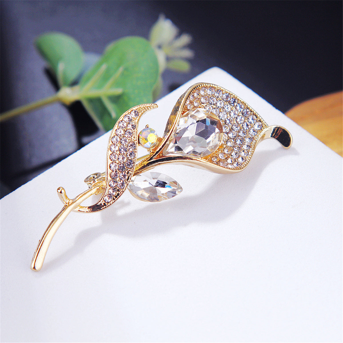 White Cubic Zirconia & Crystal 18K Gold-Plated Lily Brooch