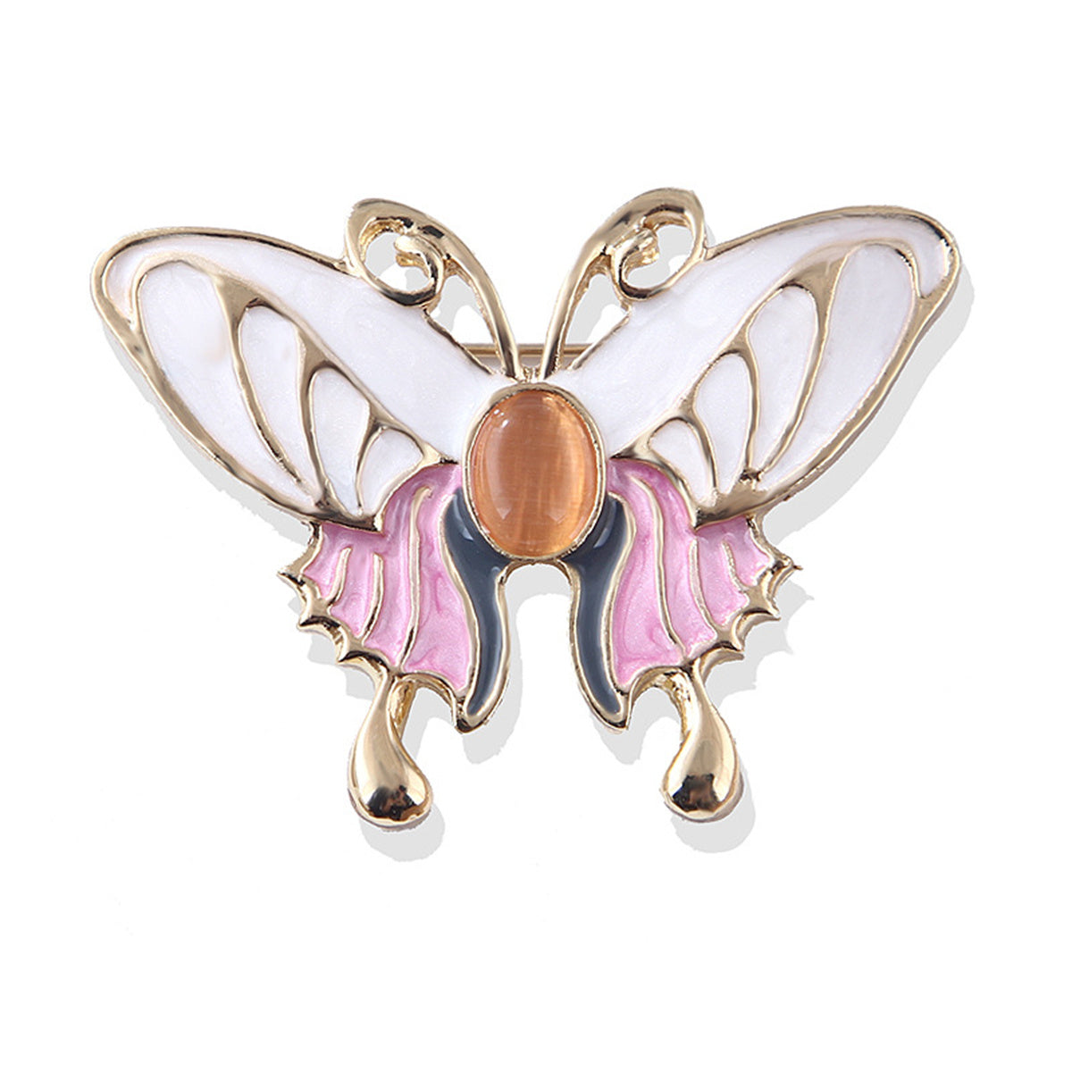 White Enamel & Cat Eye 18K Gold-Plated Butterfly Brooch