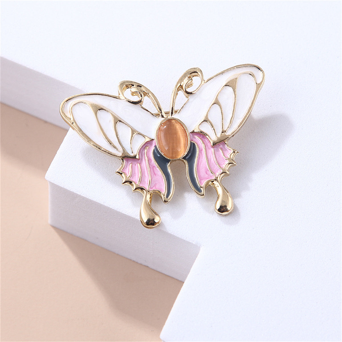 White Enamel & Cat Eye 18K Gold-Plated Butterfly Brooch