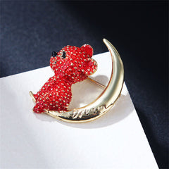 Red Enamel & 18K Gold-Plated Moon Bear Brooch