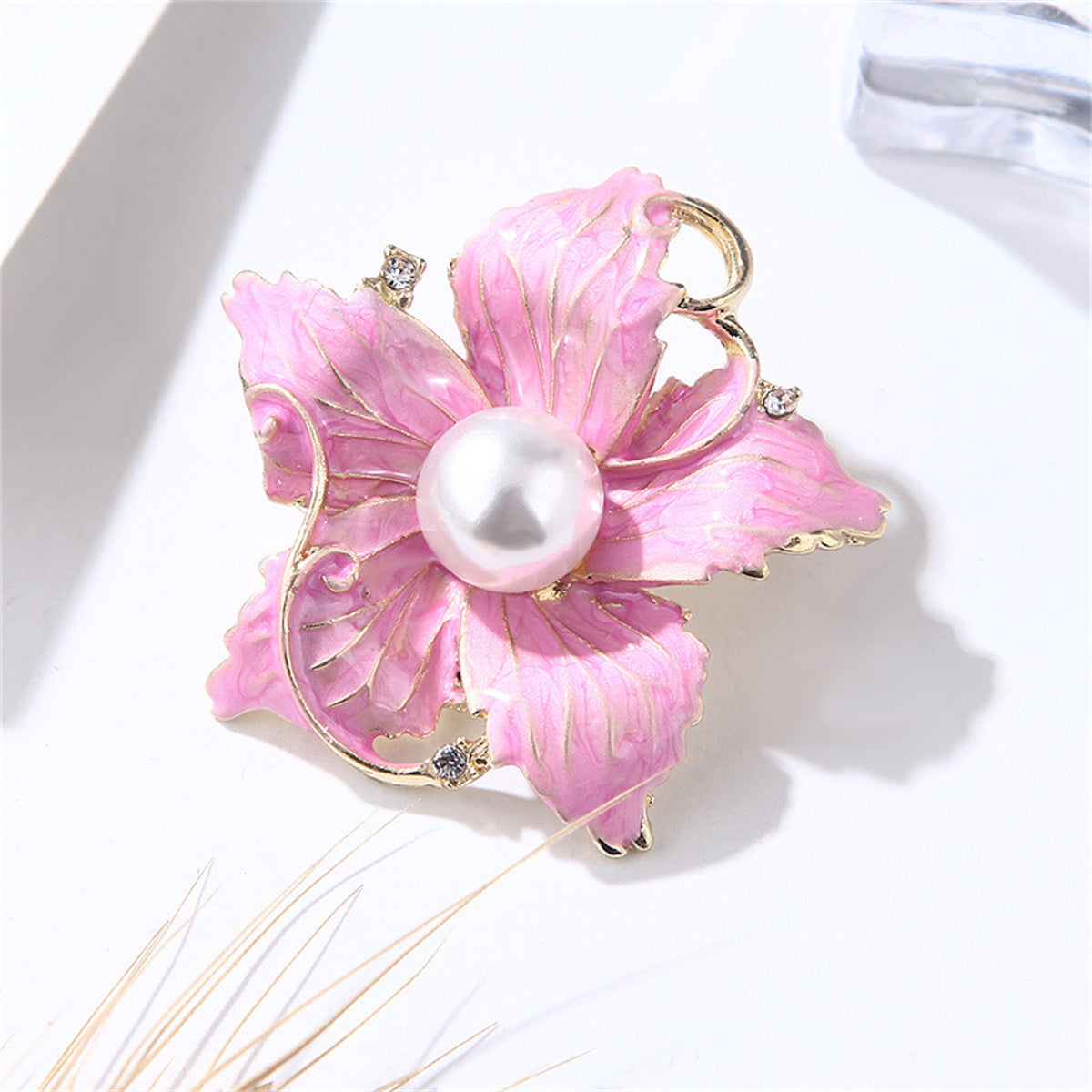 Pink Enamel & Pearl 18K Gold-Plated Flower Brooch