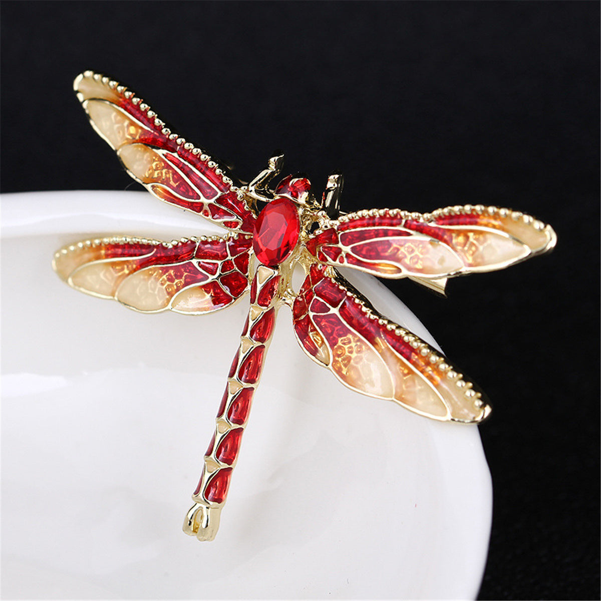 Red Crystal & Enamel 18K Gold-Plated Dragonfly Brooch