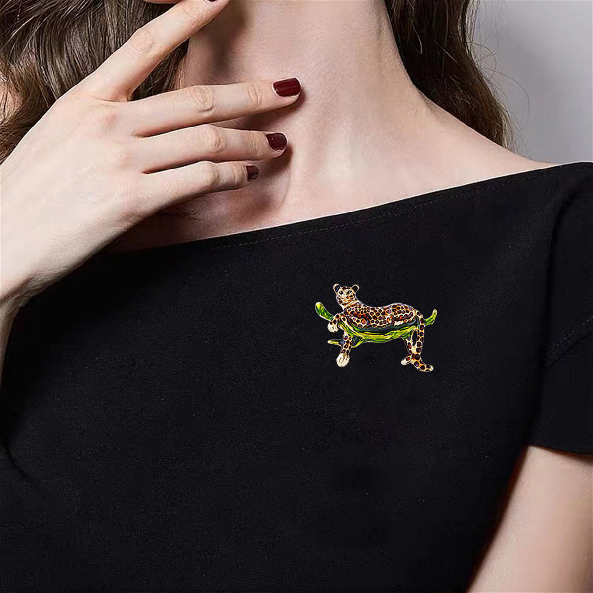 Green Enamel & 18K Gold-Plated Leopard Brooch