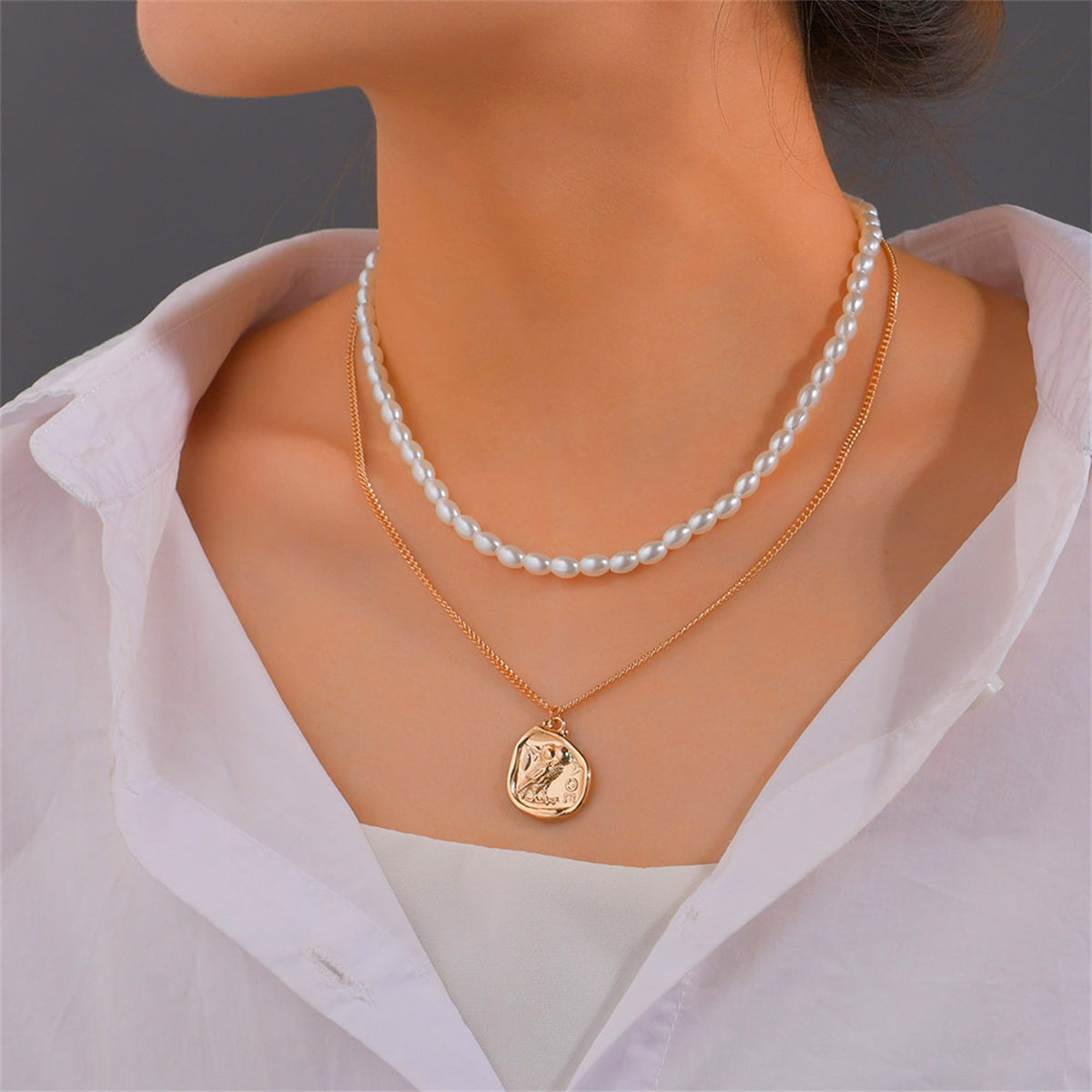 Pearl & 18K Gold-Plated Owl Layered Pendant Necklace