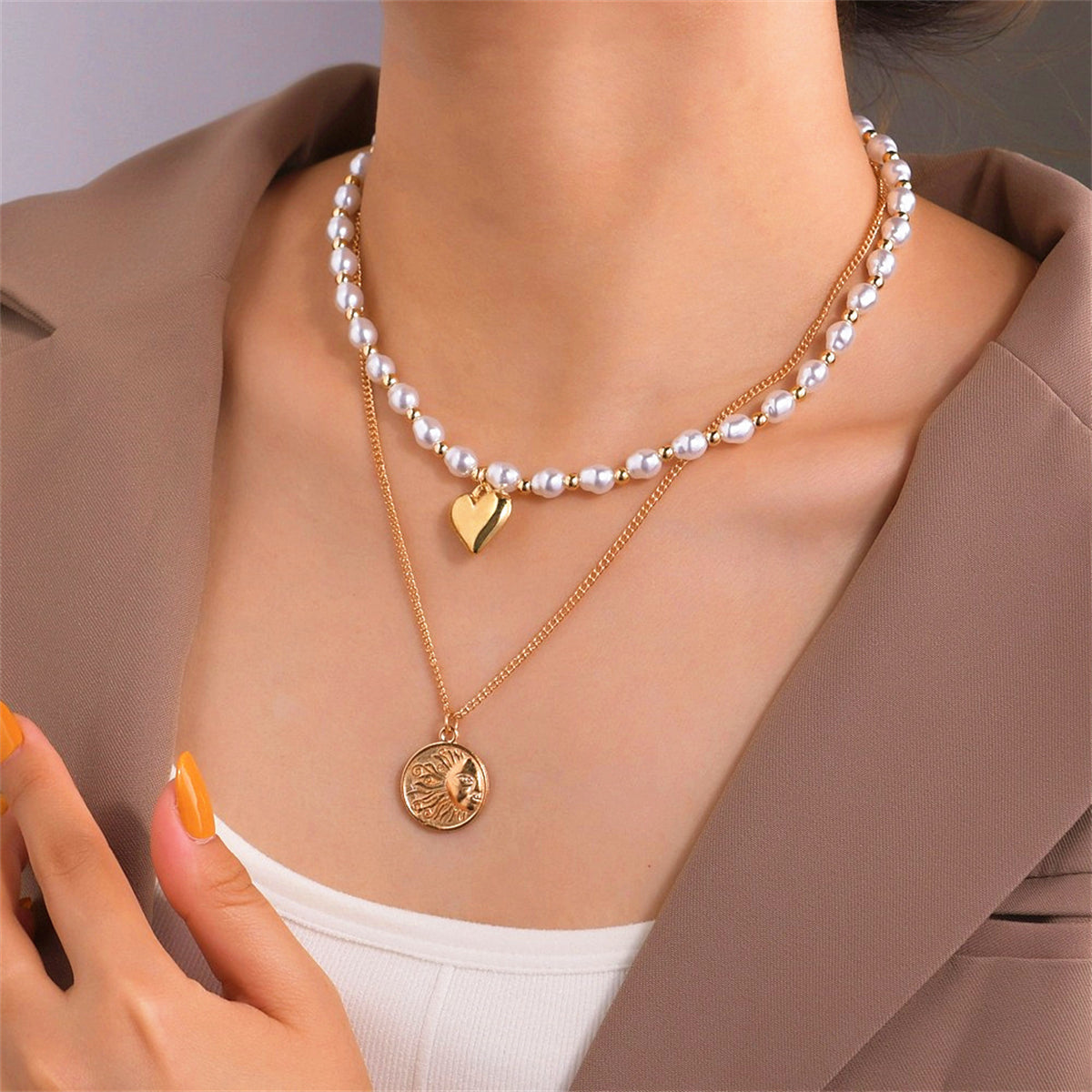 Pearl & 18K Gold-Plated Heart Sun Coin Layered Necklace