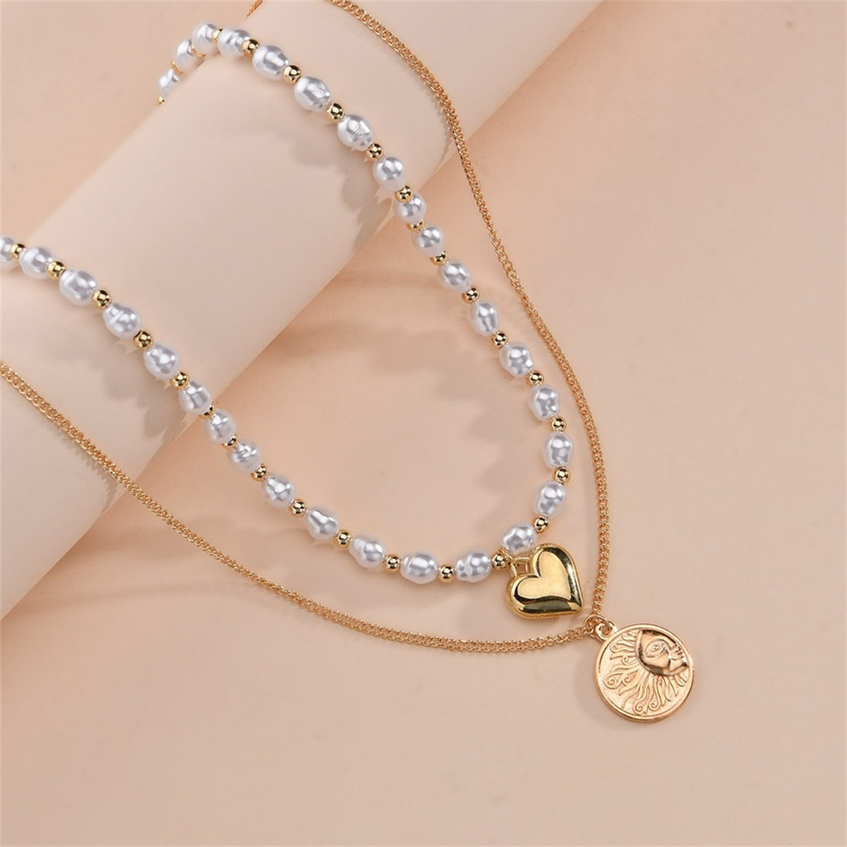 Pearl & 18K Gold-Plated Heart Sun Coin Layered Necklace