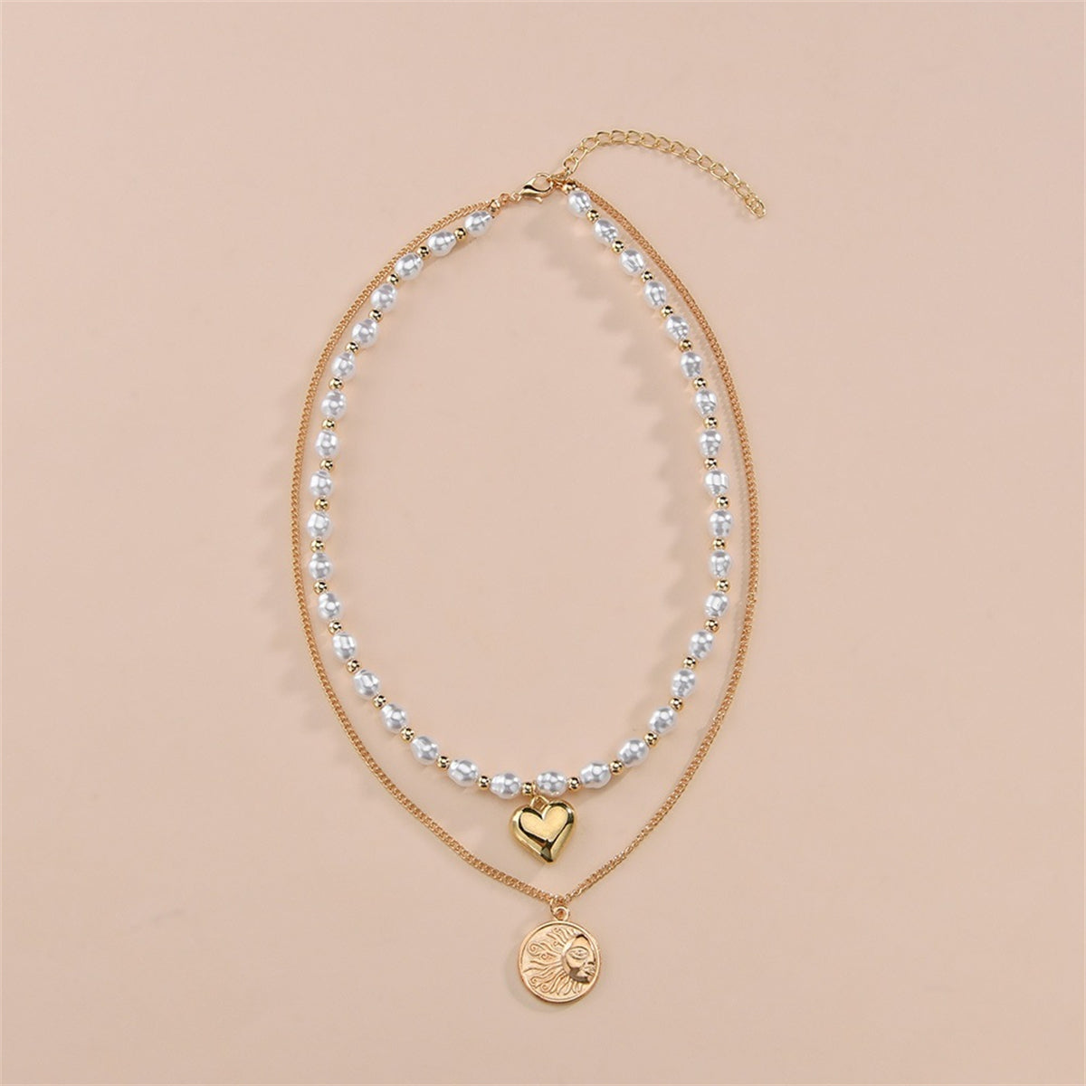 Pearl & 18K Gold-Plated Heart Sun Coin Layered Necklace