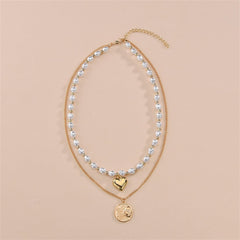 Pearl & 18K Gold-Plated Heart Sun Coin Layered Necklace