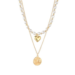 Pearl & 18K Gold-Plated Heart Sun Coin Layered Necklace